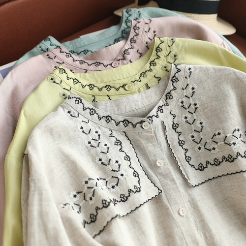 4色/ヨーク刺繍リネンブラウス ・12077