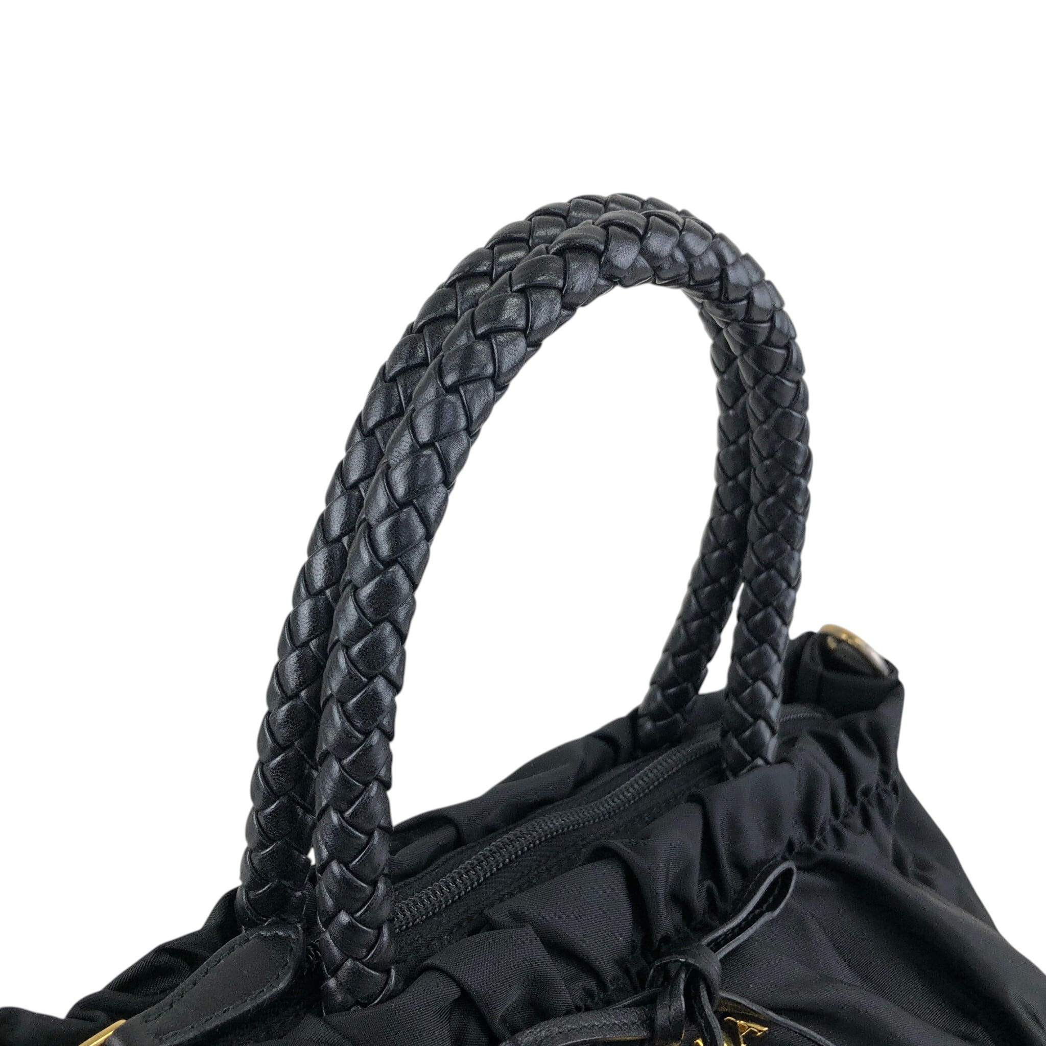 PRADA プラダ ハンドバッグ ブラック リボン ナイロン ギャザー