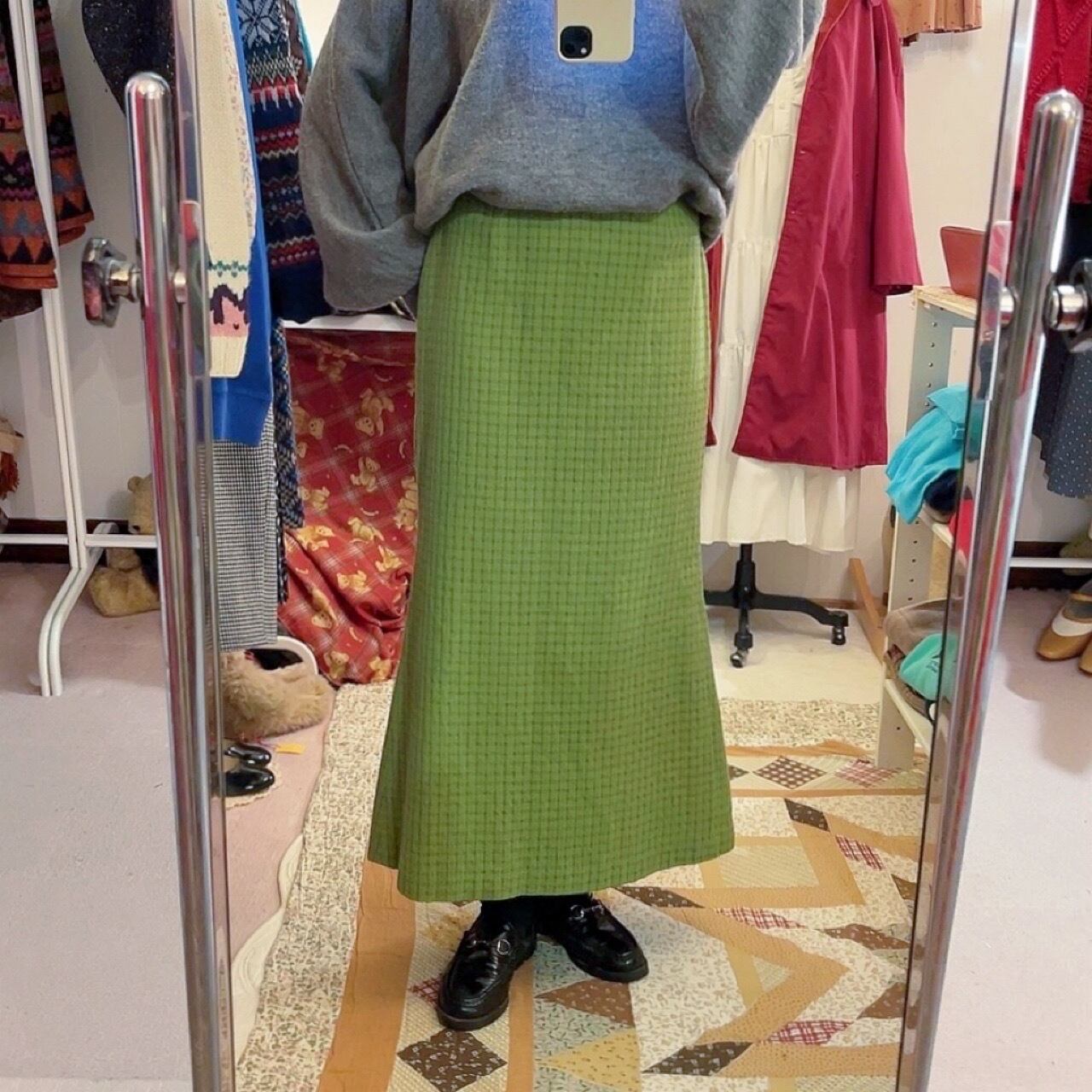 light green check long skirt