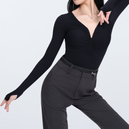 Vネック ロングスリーブ シャーリング ダンストップス ds1103