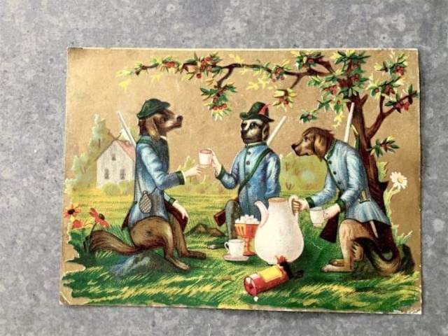 19世紀 France 15c 犬たちの奇妙な茶会 クロモリトグラフ