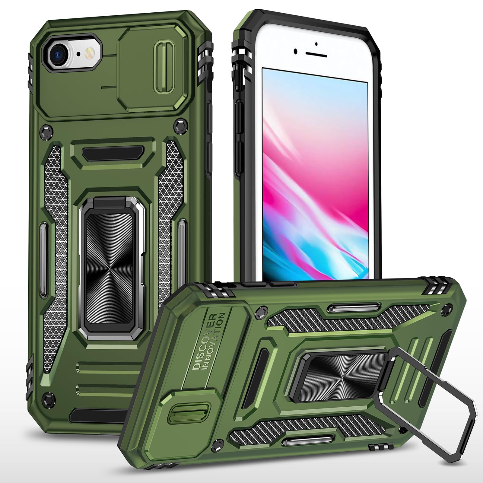 WOYSOBA 適合 iPhone SE3/SE2/8/7 用ケース リング 耐衝撃 車載ホルダー対応 TPU オリーブグリーン