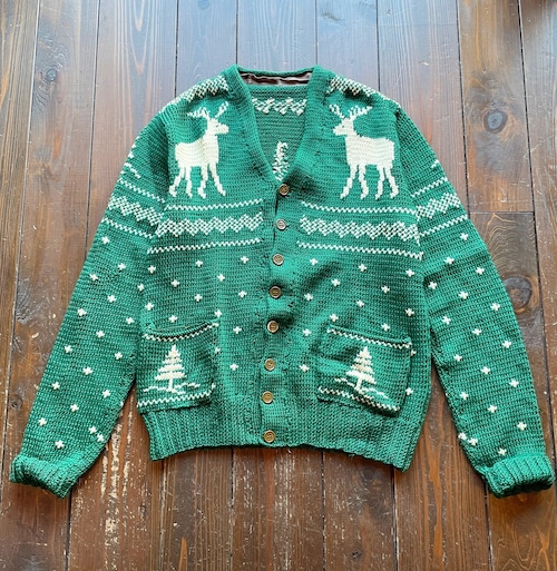 50s  Reindeer pattern Wool Knit Cardigan  Size about MEDIUM