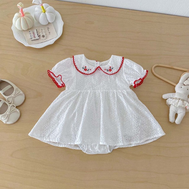 【BABY】フラワー刺繍丸襟半袖ロンパースワンピース - 3