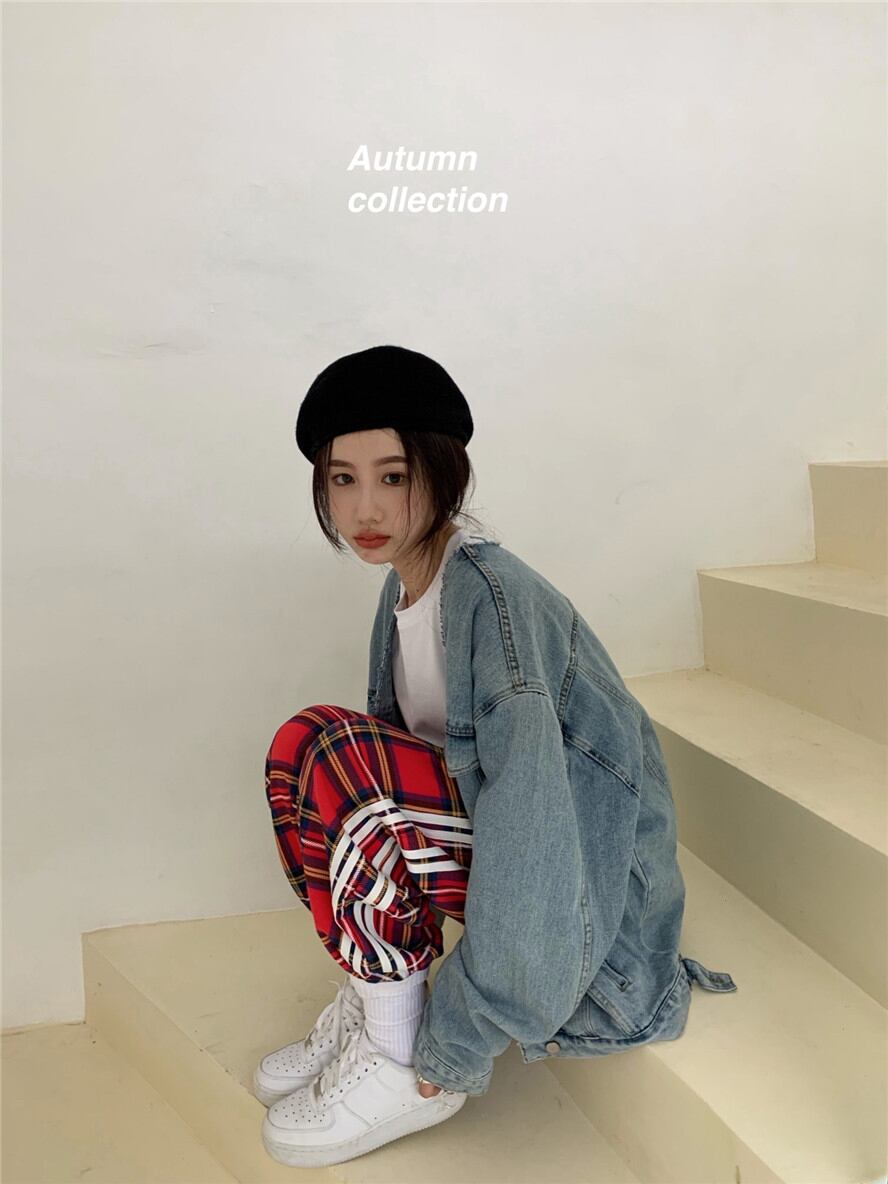 ジャケット スタンダードスタイルルーズカジュアルオータムブルートップス レトロ 秋物 ブラックストロベリース83563963097