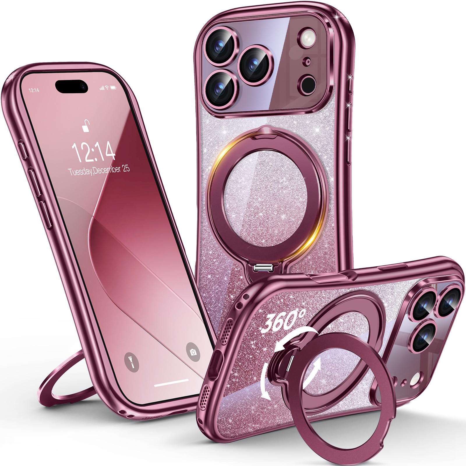 Reukdnv【360°回転スタンド・キラキラ】iPhone 18 Pro 用 ケース Magsafe対応 一体型レンズ保護 (バーガンディ)