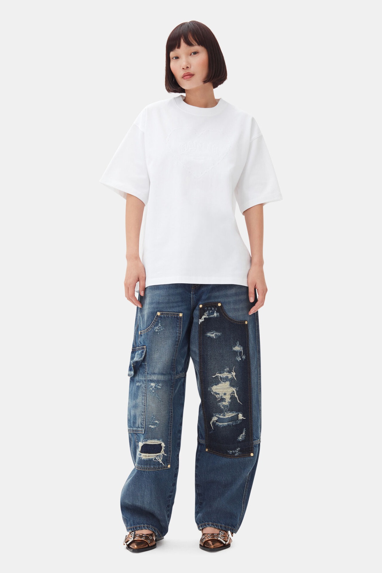 【25SS】GANNI ガニー / WHITE HEAVY COTTON DROP SHOULDER HEART T-SHIRT / ヘビーコットンTシャツ - 2