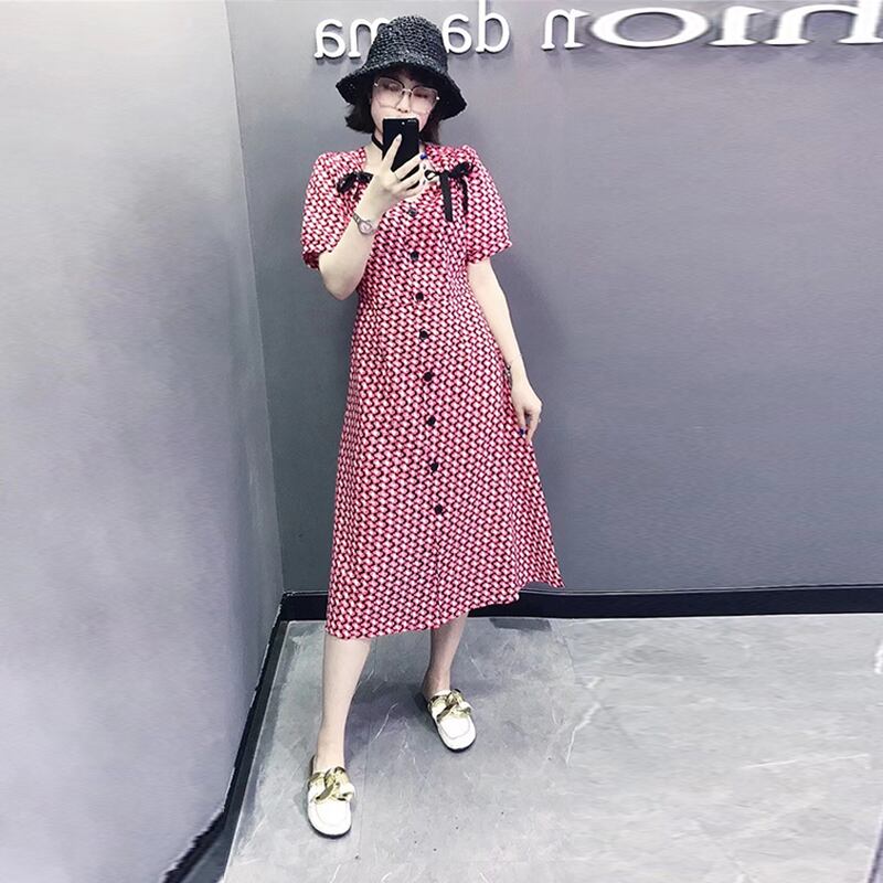 サマースタンダードスタイル格子柄ドレス リボンウェストスカート レトロ 大きめサイズ 夏物 ミックスインファッション32946865806