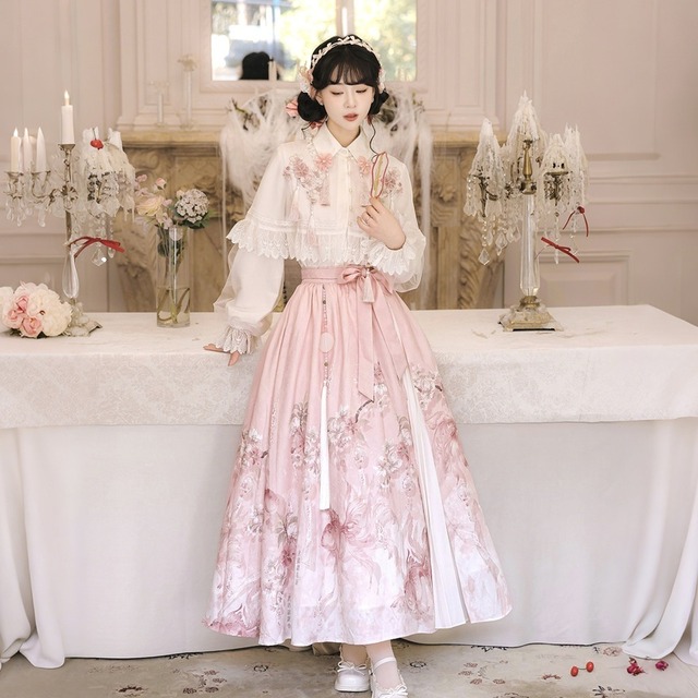 中華ロリ｜桜雨 漢服風トップス・花柄スカート・ケープ3点セット