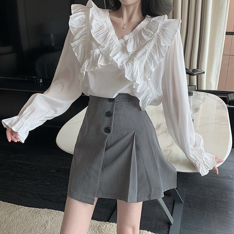 オータムスタイルVネックシャツ ハイウェストスカート 秋物 ハンチェンe38565509366