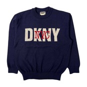 90s USA製 DKNY JEANS ダナキャラン ジーンズ BIGロゴ入り ウールニットセーター /ネイビー/アメリカ製