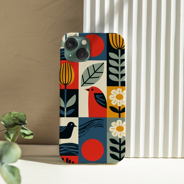 受注生産 iPhoneケース チューリップと小鳥の民芸柄｜北欧フォーク風 FMSY013A
