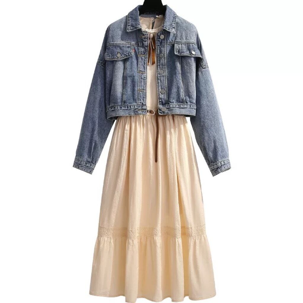 異素材 セット アップ ワンピース デニム ジャケット レディース 春 秋 服 長袖 ひざした 丈 韓国 ファッション 大人 の 可愛い おしゃれ ２点 ガーリー Op 0536 Hapi Hapi Girl ハピ ガル