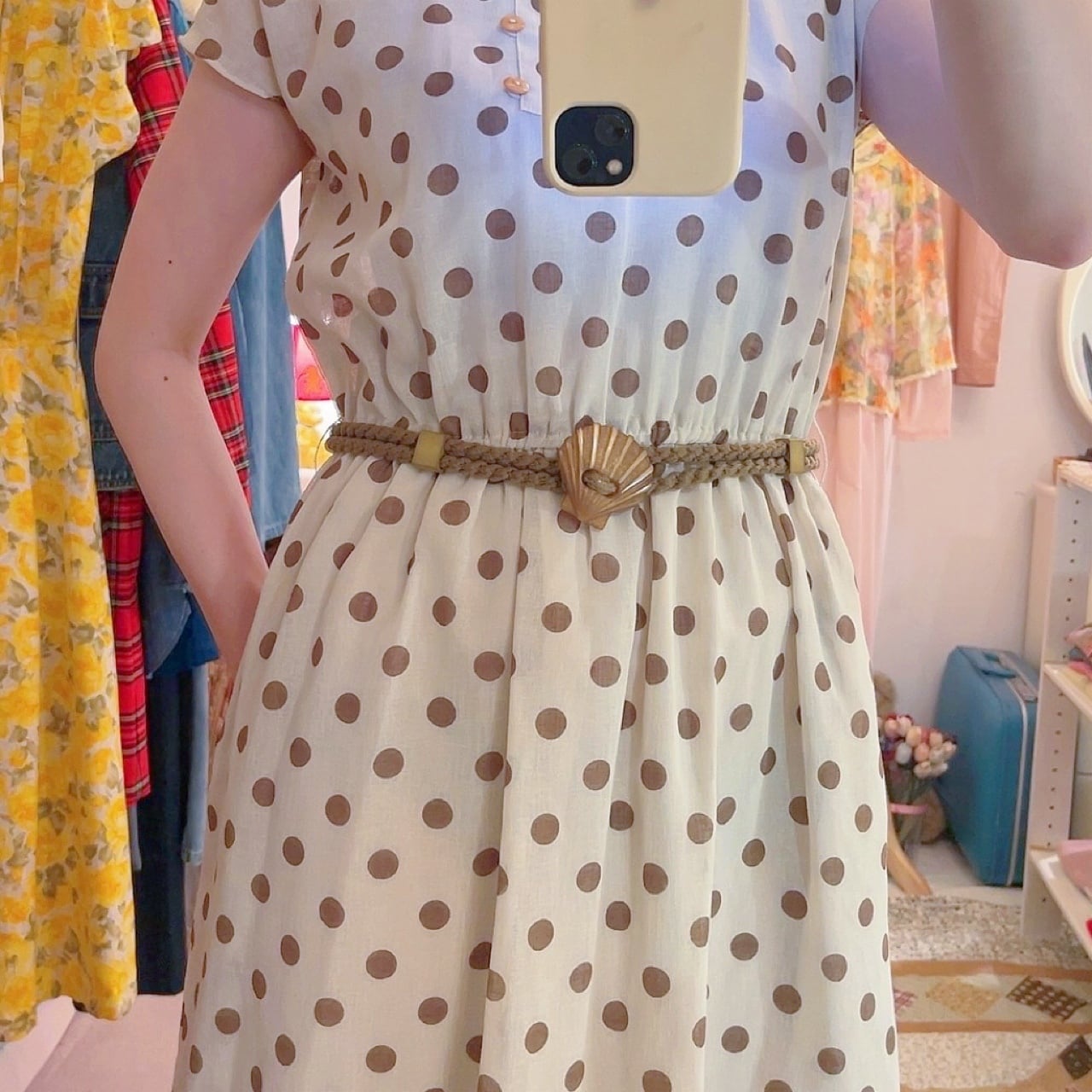 shell belt brown dot one-piece
