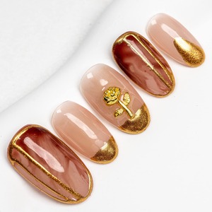 【特価処分】Sun&Beam Nails 手作り ネイルチップ ミディアム ロング オーバル 茶色 ブラウン ゴールド 花 人気 3D おしゃれ 可愛い デザイン ライオン つけ爪 付け爪 収納ボックス付き 10枚入 (#15 黄金のバラ・茶色 ・ M)