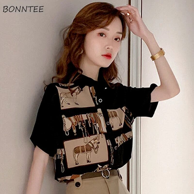 【新作】【送料無料】 シャツ女性ルーズレジャー韓国語バージョンプリントターンダウン襟半袖ファッショナブルなファムソフトオールマッチ夏レトロシック 0255430406946