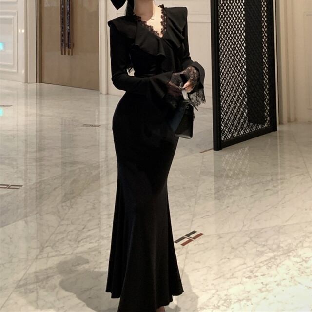 【予約販売】ワンピース レディース タイト レース 透け感 Vネック マーメイドライン ロングワンピース ブラック 黒 セクシー こなれ感 ワンピ 大人可愛い ドレス エレガント おしゃれ 韓国 トレンド S/M/L