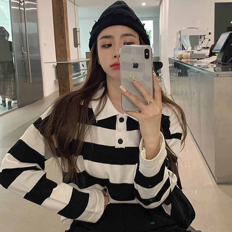 カラーブラックホワイトストライプセーター オータムスタンダードトップス ロング レトロ 秋物 ガールズファッション654252702