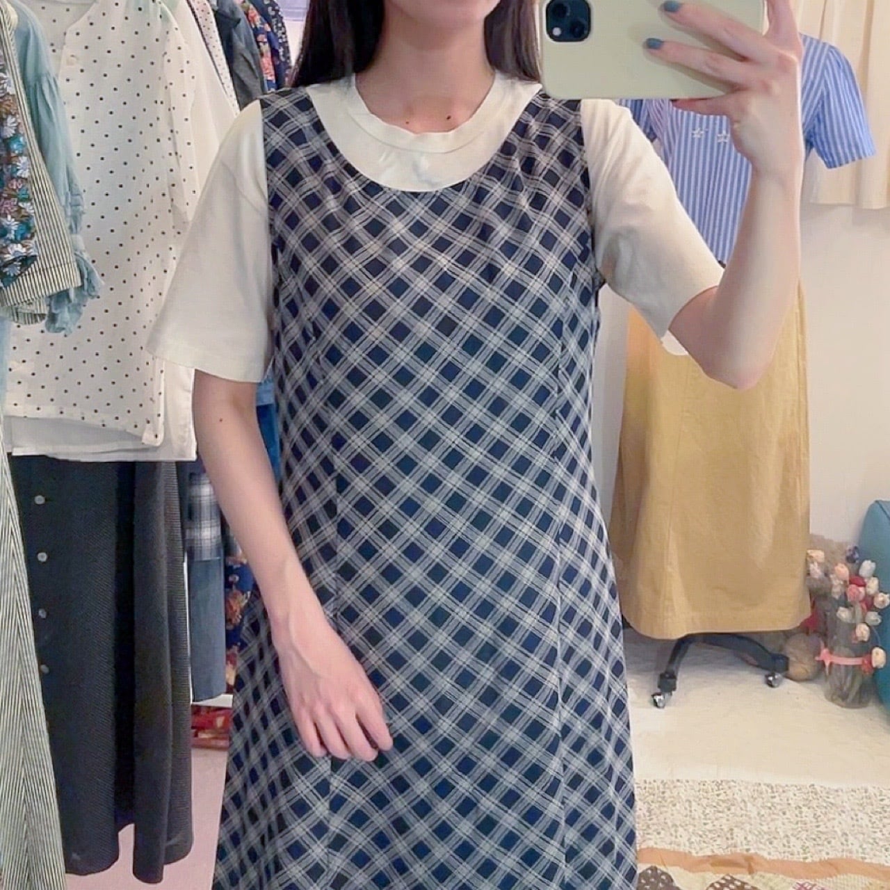 navy plaid sleeve less one-piece