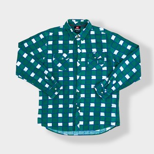 【QUIKSILVER】X-LARGE  ビッグサイズ フランネルシャツ ネルシャツ 長袖 ブロック チェック柄 カジュアルシャツ 刺繍ロゴ フラップポケット クイックシルバー グリーン系 US古着