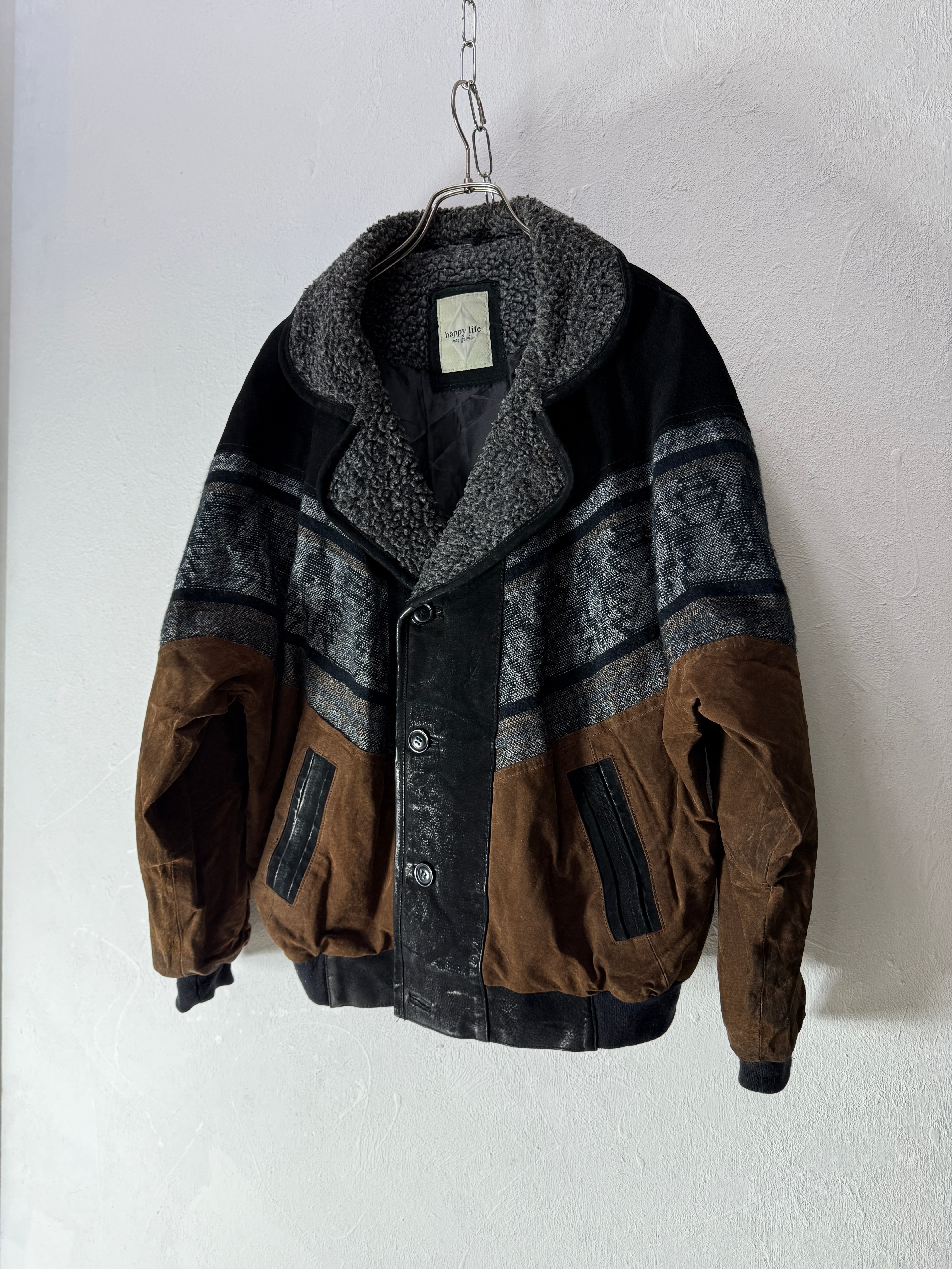 90s EUR Leather × jacquard design Jacket