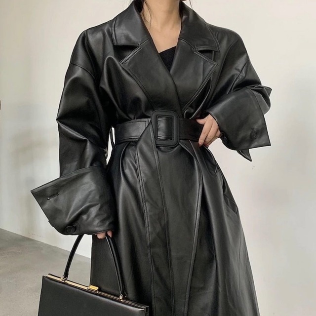 【TR3028】Leather Chick Long Coat