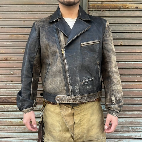 50s ドイツ製 ユーロ ヴィンテージ レザージャケット ダブルライダース L ブラック 切り替え ブラウン モーターサイクルジャケット 60s