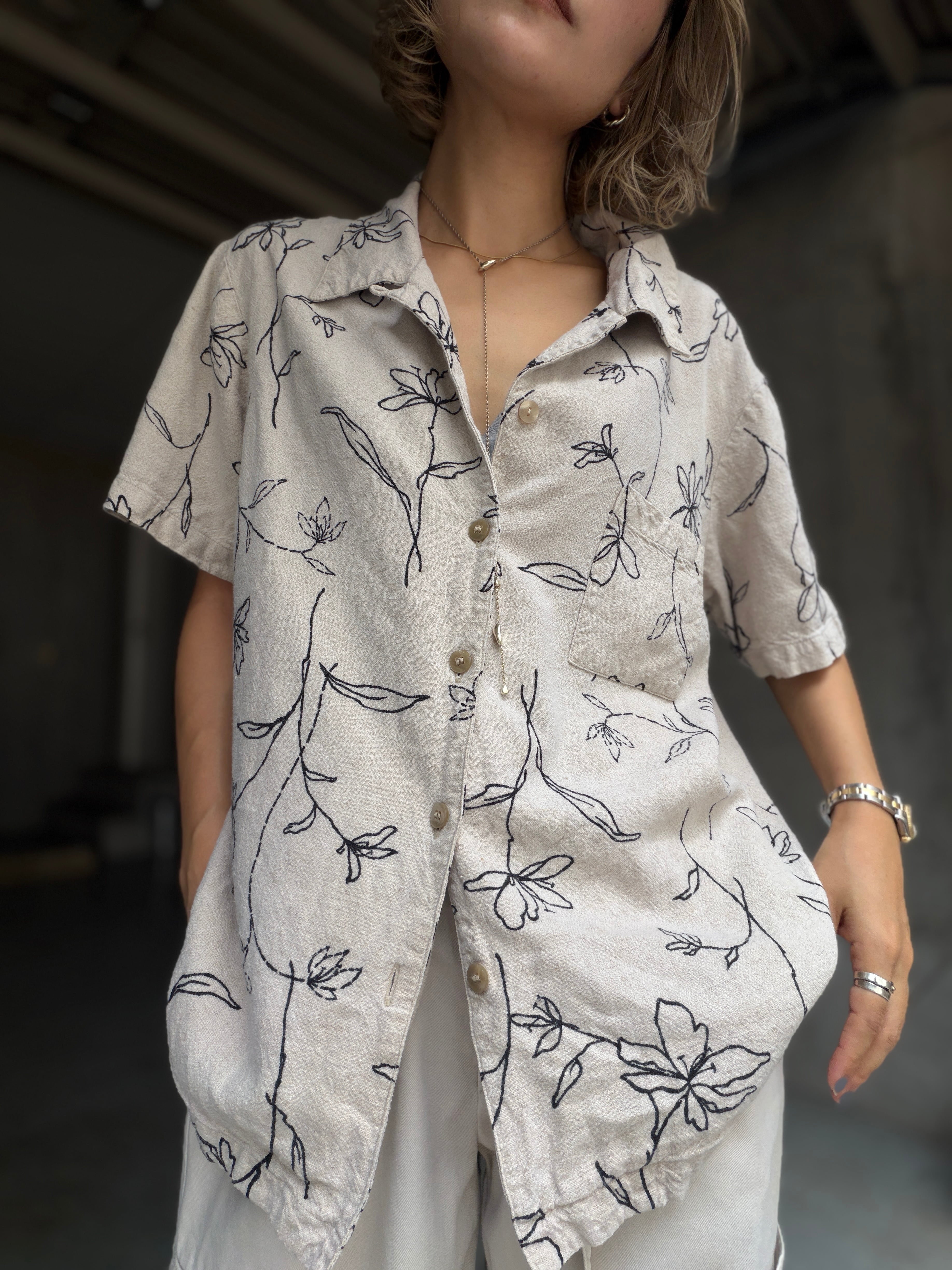 (SH1407)Flower pattern linen rayon shirt