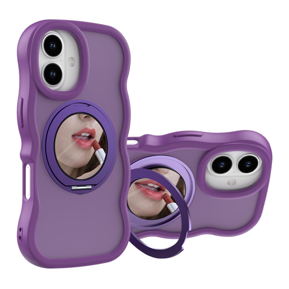 Kanyaku 互換品 ケース Iphone17用の ケース magsafe対応 超強磁力 TPU 韓国 可愛い ウェーブ ソフト 滑り止め 鏡付き 耐衝撃 半透明 マット感 360°回転スタンド 縦横両対応 スマホケース iphone 17 用 マグセーフ リング マグネット搭載 (360JZ-17-zi)
