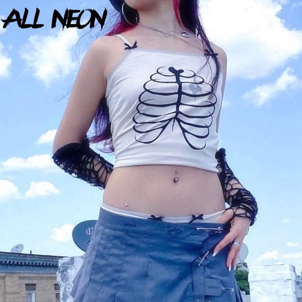 送料無料 ALLNeonE-エステティックスケルトングラフィッククロップ 
