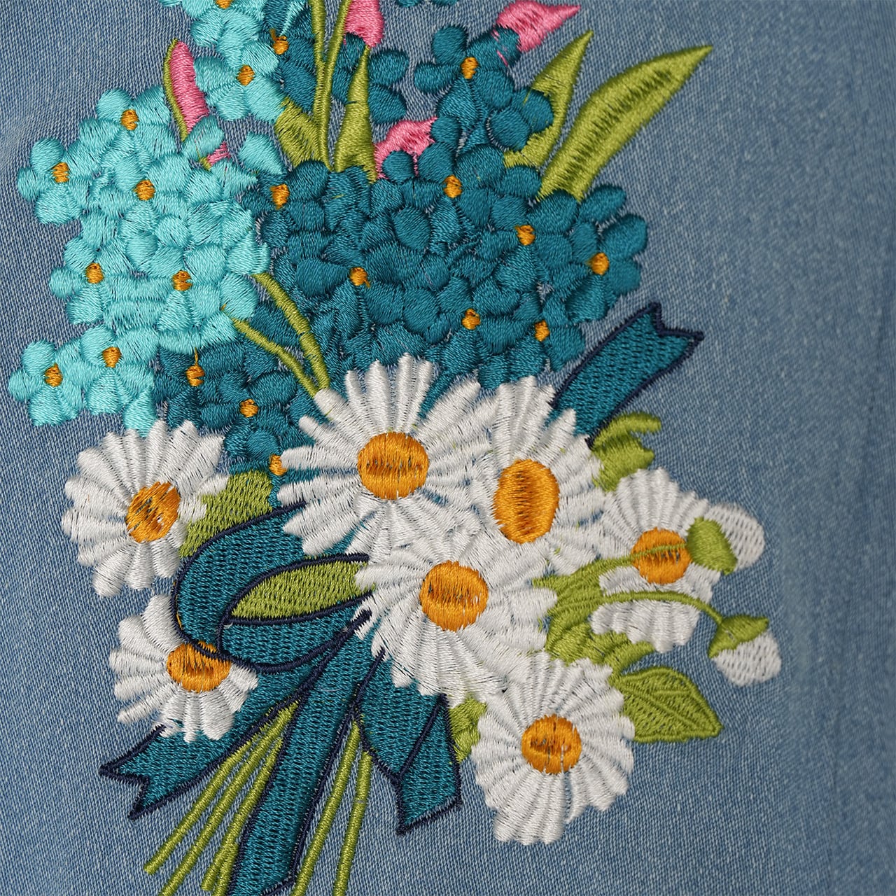 刺繍デニムコート Collarless embroidered coat (Light blue