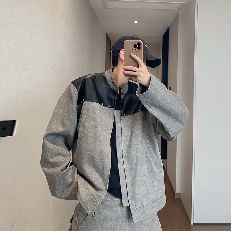 dannyandzeeコンクリートグレーレザー切替スタッズジャケット