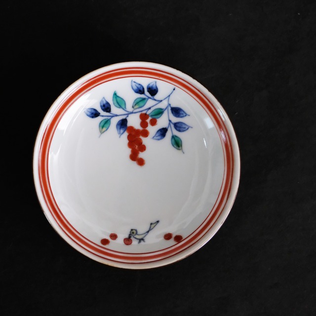 たなかふみえ　FUMIE TANAKA 　縁付小皿　”染錦南天”　NO.34