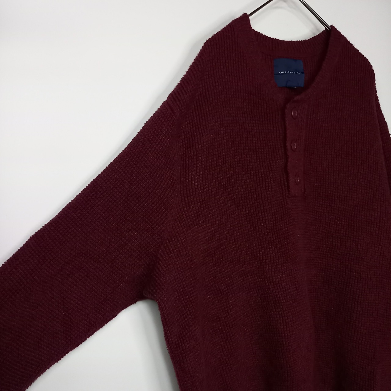 アメリカンイーグル　ヘンリーネック　コットンニット　セーター　無地　ワッフル　サーマル　厚手　ワインレッド　US XXL