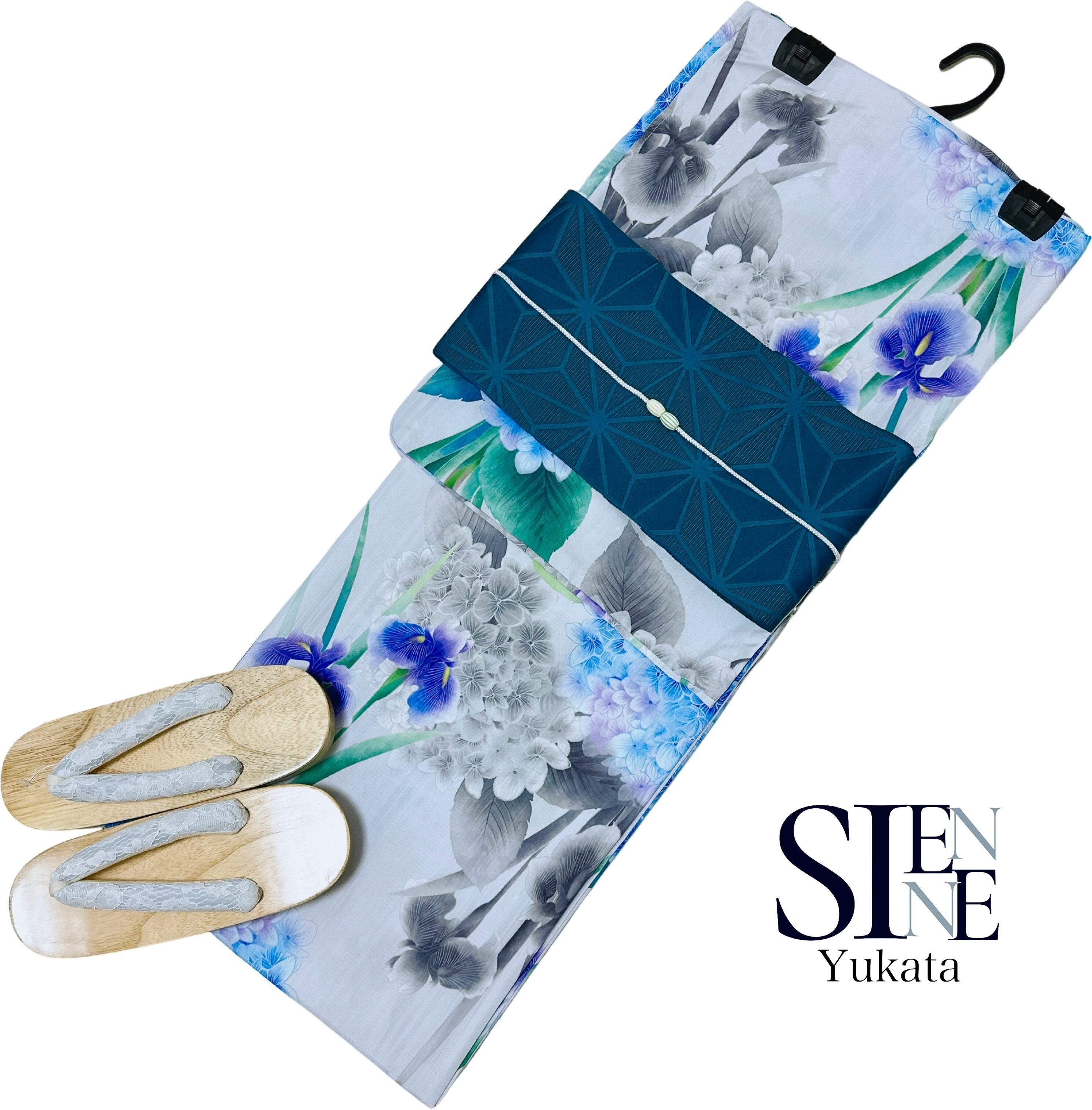 浴衣ジェンヌ 浴衣5点セット 高品質 紫陽花と菖蒲 水彩画調 浴衣 半幅  