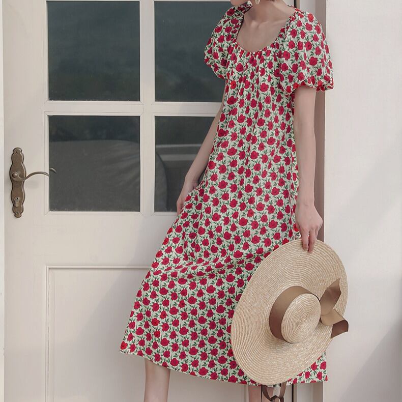 Aラインシルエット スクエアネック パフスリーブ ワンピース 00073