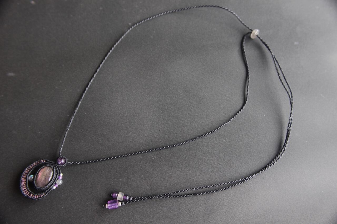 Purple Labradorite micro macrame moon pendant