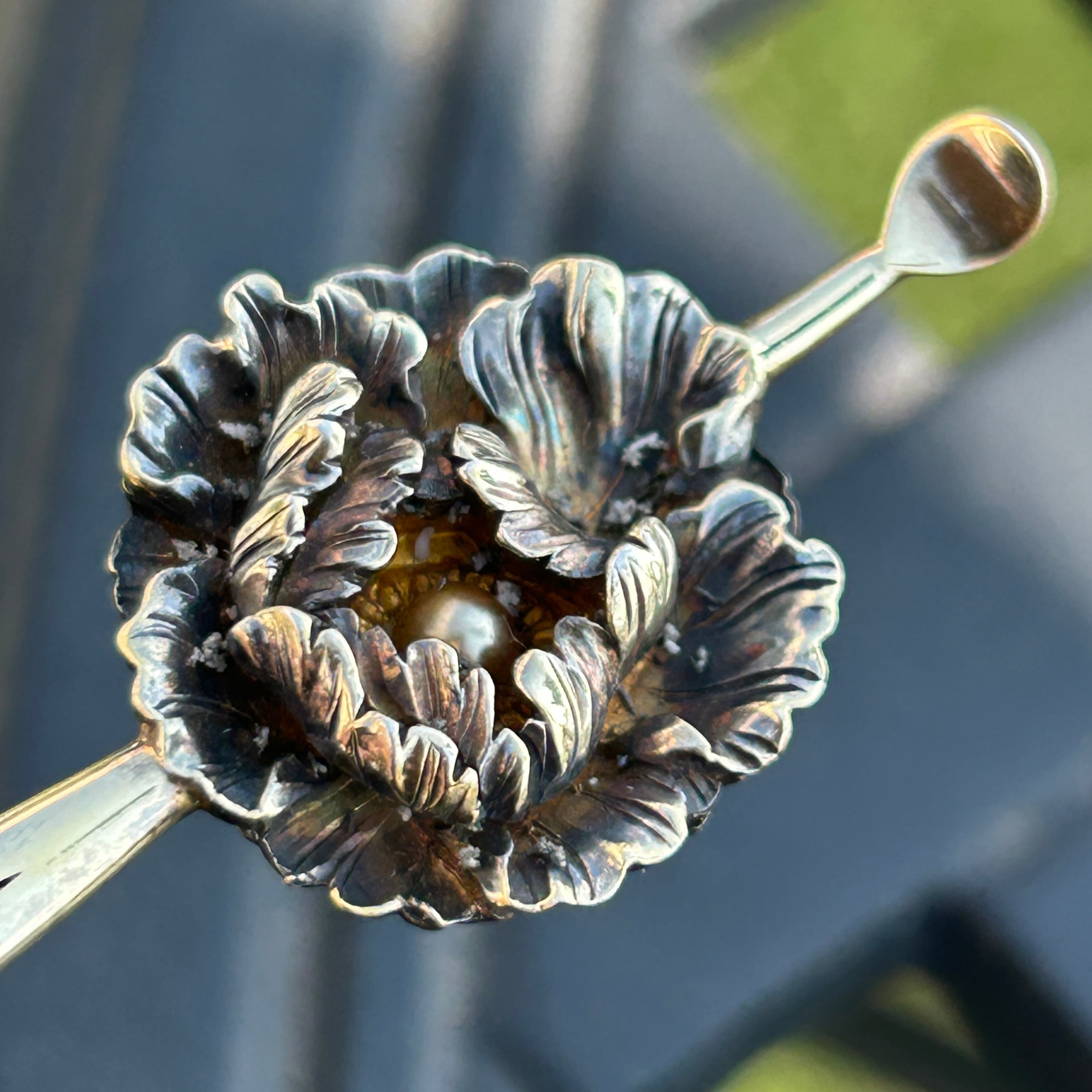 アンティーク　銀無垢　牡丹の平簪