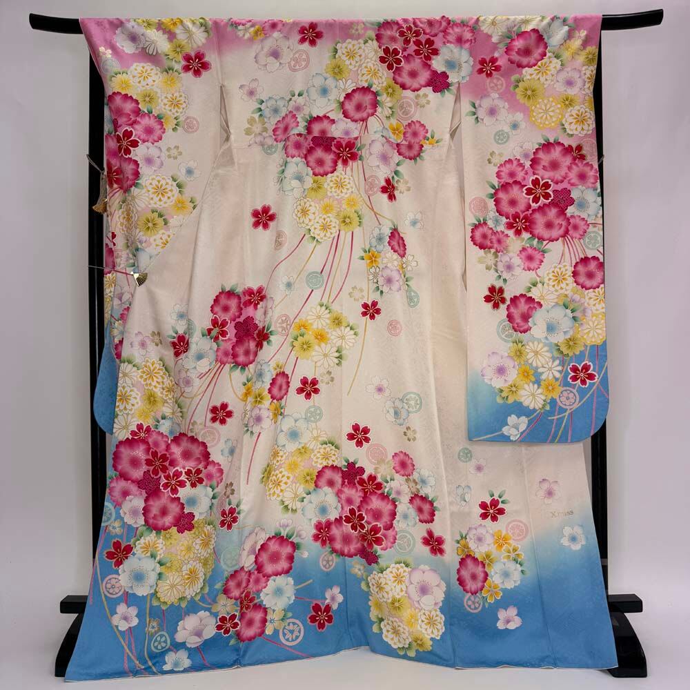 振袖 中古 白 水色 正絹 古典 裄69cm 身丈173cm 美品 L サイズ 成人式 6757