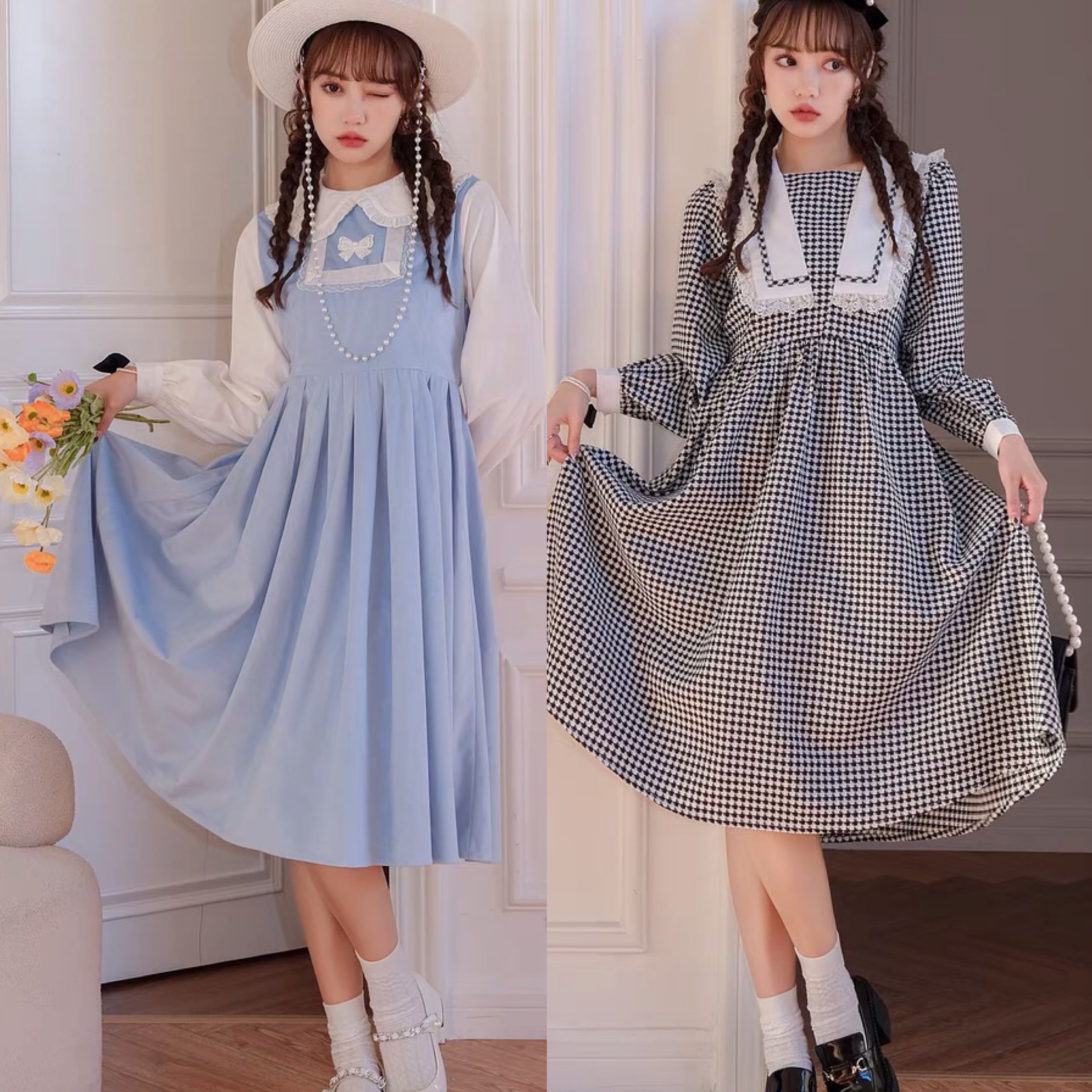 ワンピース チェック 黒 水色 ワンピース 制服 スクール パンダ