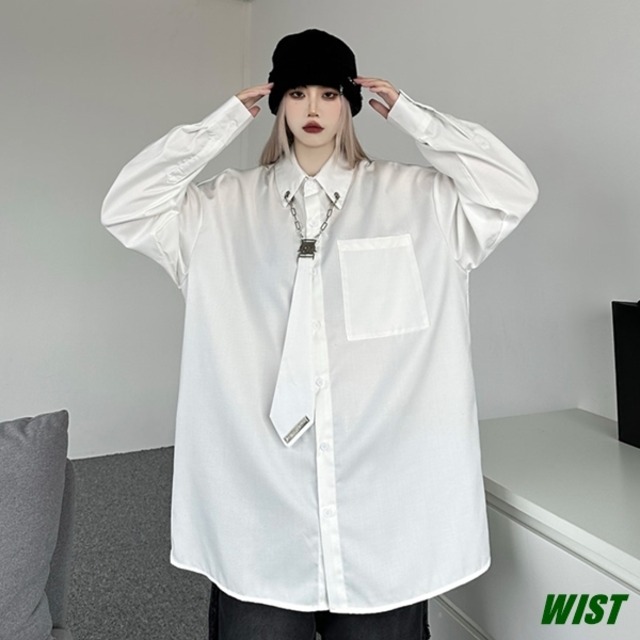 ユニセックス トップス シャツ 長袖 ネクタイ ホワイト ブラック おしゃれ カジュアル オルチャン 韓国ファッション 504