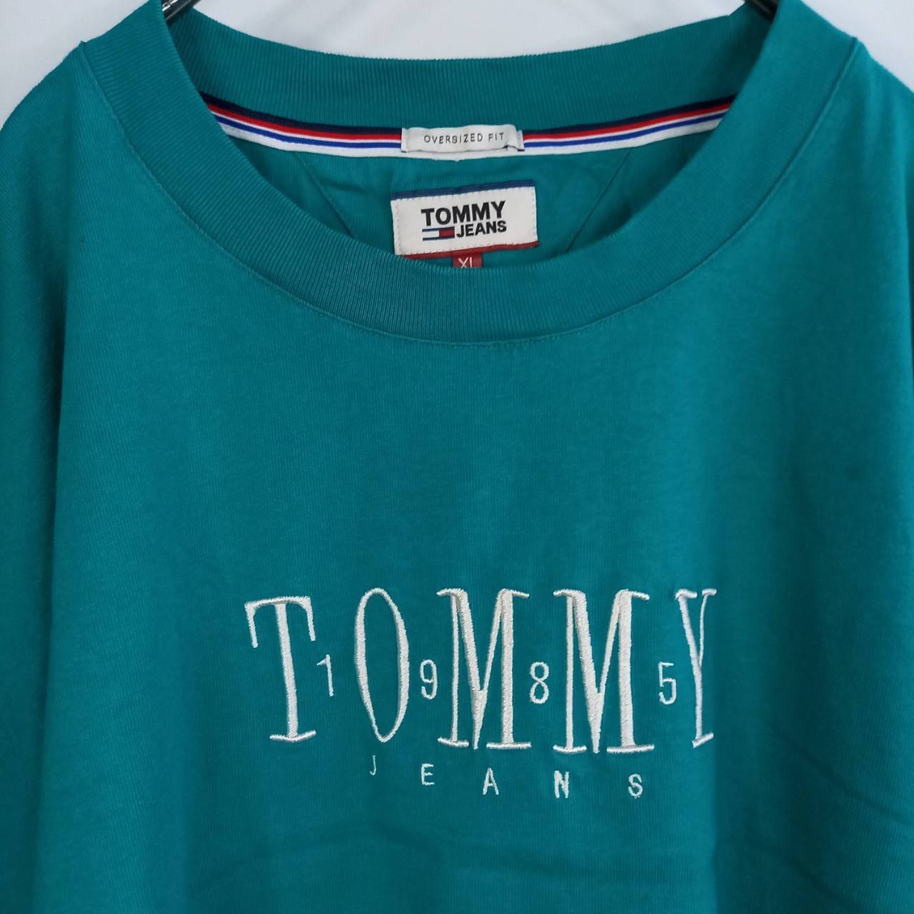 トミージーンズ　Tシャツ　半袖　刺繍　ビッグロゴ　オーバーサイズ　グリーン　XL