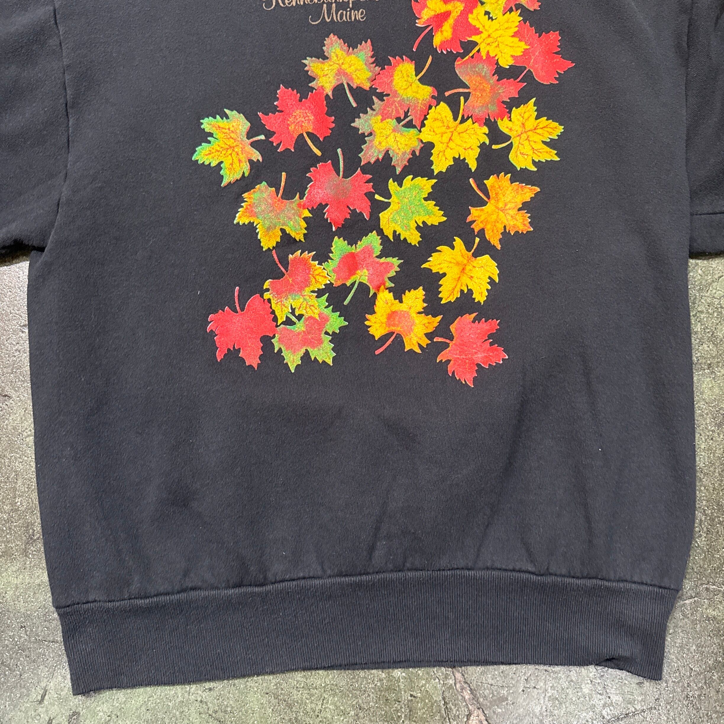90s Autumn Leaves Print Sweat Art Black Made in USA L Size 90年代