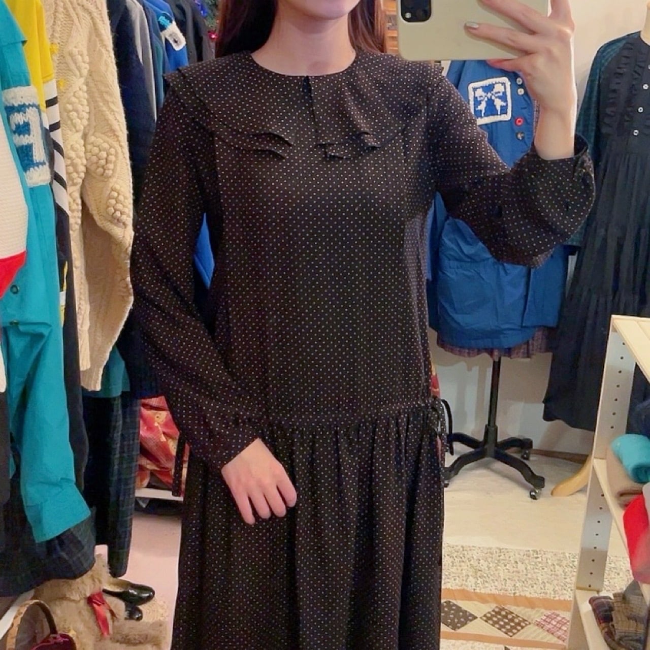 orange pin dot frill collar one-piece