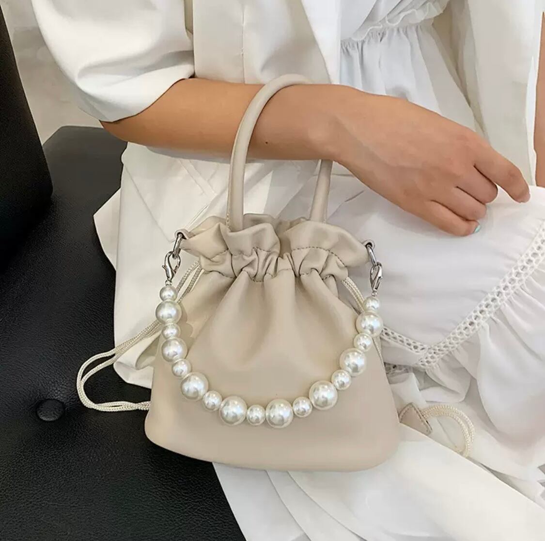 バック パールハンドル 3way ショルダー チェーン レザー 巾着型