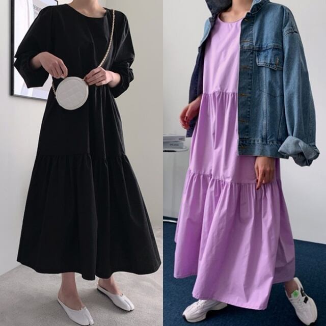 【予約販売】ワンピース レディース 無地 フレア ブラック 黒 パープル 長袖 ロングワンピース フェミニン 体型カバー こなれ感 ワンピ 大人可愛い シンプル エレガント おしゃれ 韓国 旅行 バカンス 春 夏 トレンド S/M/L/XL