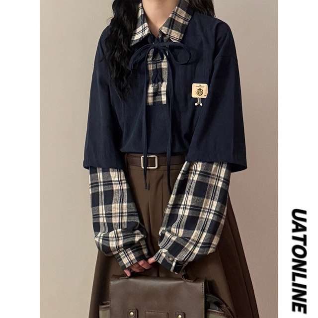 【UATONLINEシリーズ】★POLOシャツ★ トップス 2color 長袖 ユニセックス メンズ チェック柄 切り替え