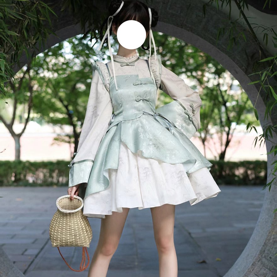 ワンピース ノースリーブ フリル ボリューム スタンドネック 中華