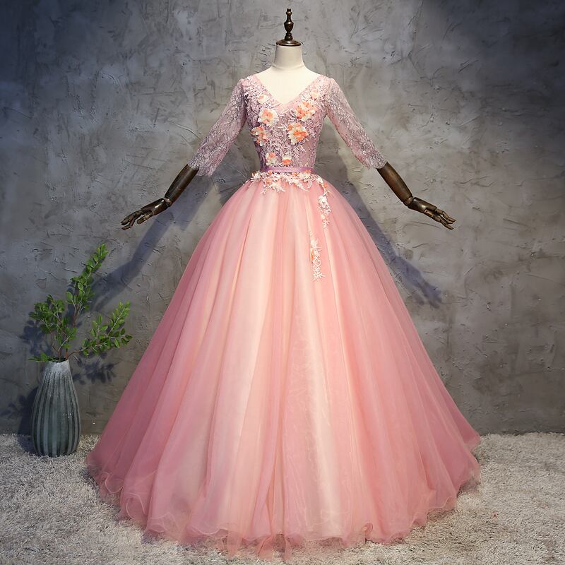 高品質！パーティードレス ソフトチュール 薄ピンク 半袖 憧れのドレス