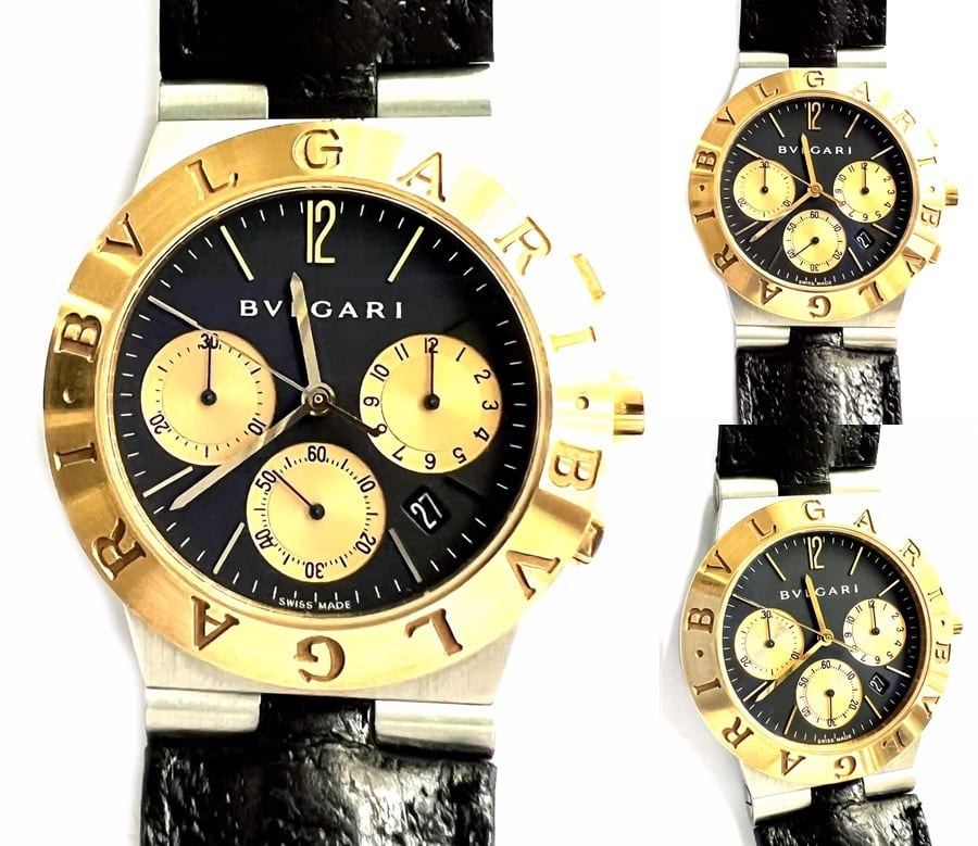 BVLGARI ブルガリ K18 YG ゴールド ディアゴノ クロノグラフ ブラック デイト メンズ レザー 時計 純正 CH35SG